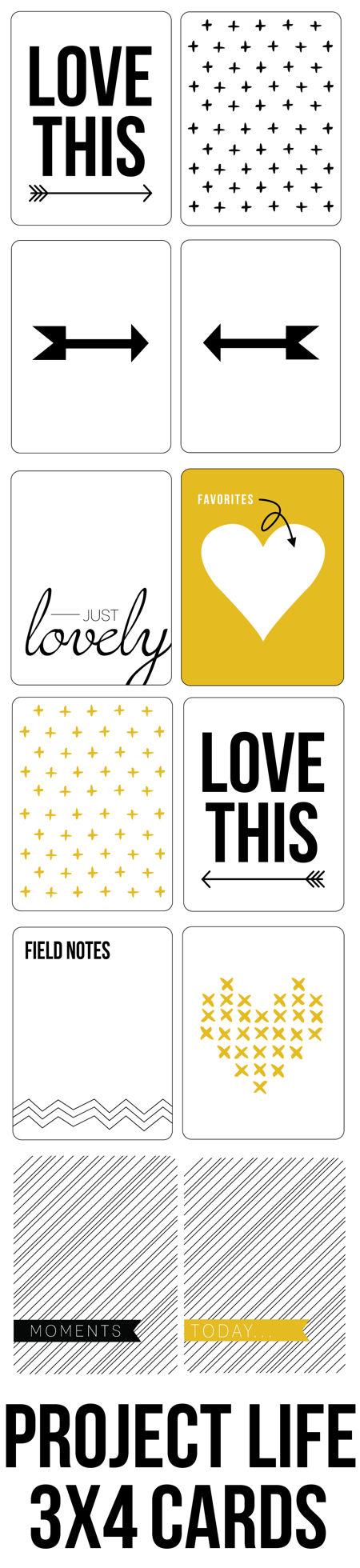 Free Black + Yellow + Grey Project Life Card Printables -- 3x4
