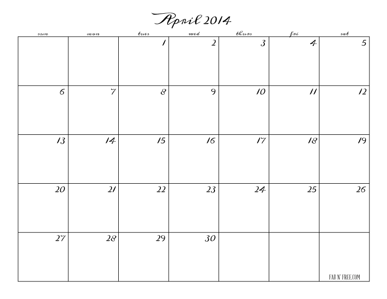 Free Printable Calendar  //  April2014  //  Printer Ink Friendly