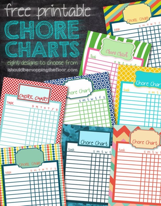 Free Printable Chore Charts in Several Color Options