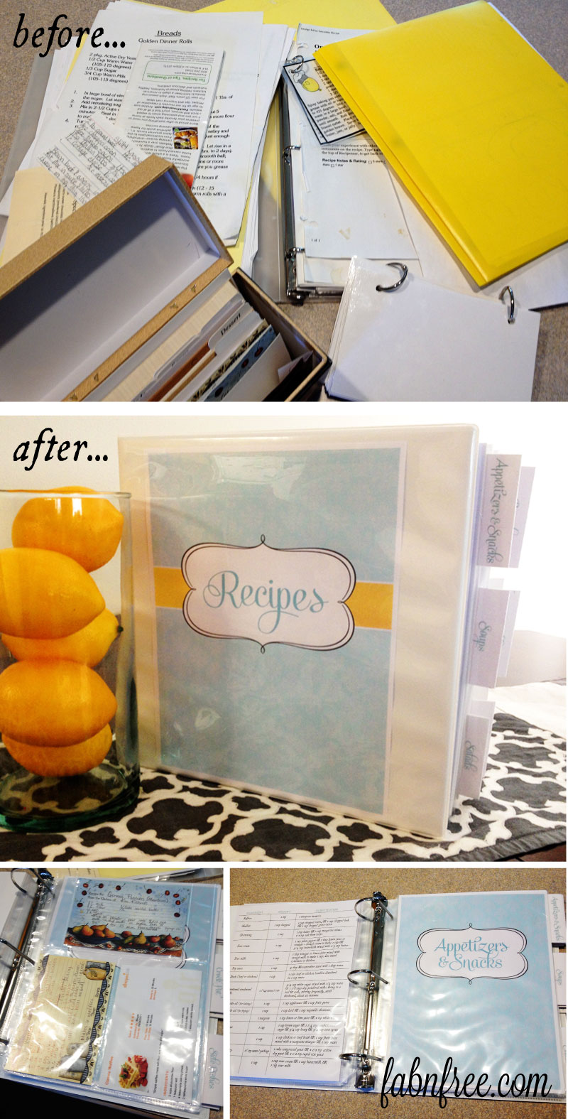 Organize your recipes all in one place!!  Free Recipe Binder Printables  //  fabnfree.com