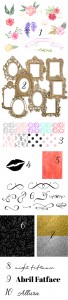 FREE!!! 81 Watercolor Florals, 10 amazing gold frames, 3 fonts, 13 backgrounds, lip clip art and 15 clip art swooshes!!!