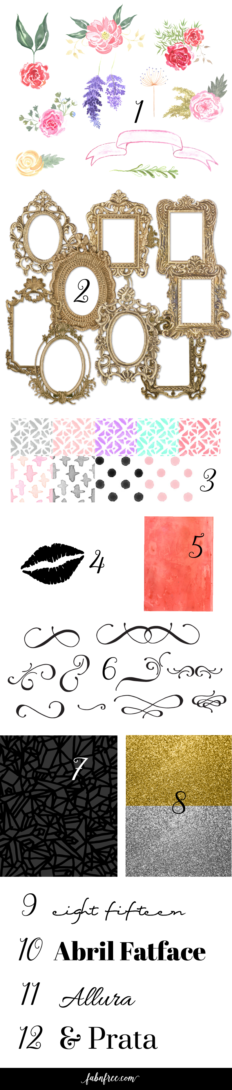 FREE!!!  81 Watercolor Florals, 10 amazing gold frames, 4 fonts, 13 backgrounds, lip clip art and 15 clip art swooshes!!!