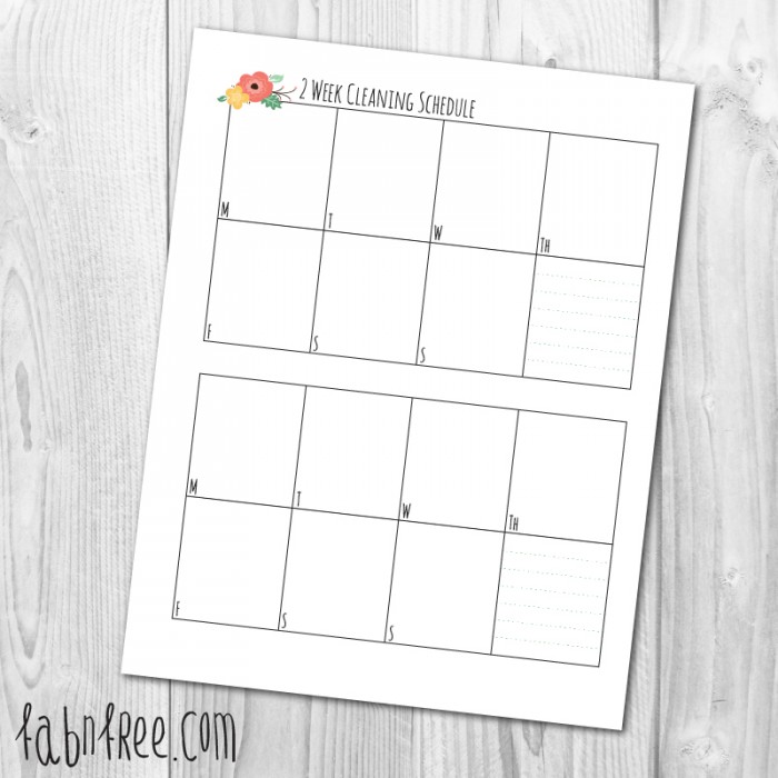 Free Printable 2 Week Cleaning Schedule // fabnfree.com