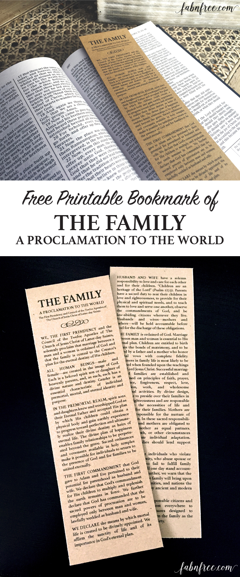 Free Printable Bookmark - The Family: A Proclamation to the World  //  fabnfree.com