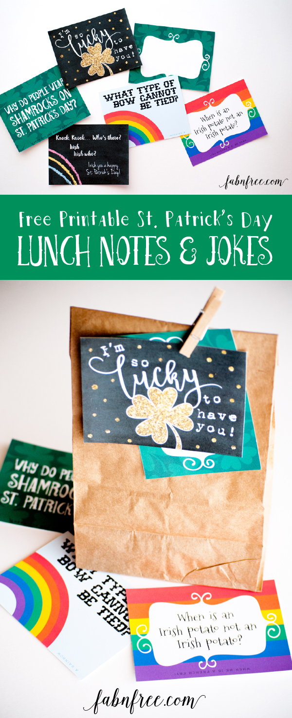Free Printable St. Patricks Day Notes and Jokes! Put these in your child's lunch sack as a fun way to show them that you are thinking of them. They are super cute and sized at 3x4, so they can ALSO be used for Project Life.
