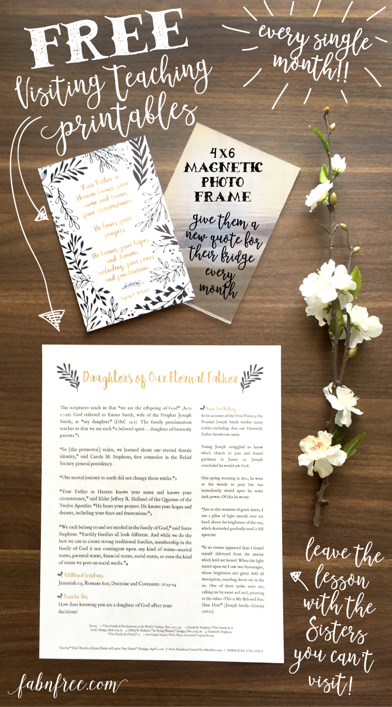 This makes Visiting Teaching SOOO easy!! Every single month, she makes a FREE 4x6 quote and full page lesson! These Free Visiting Teaching handouts are PERFECT to drop off to Sisters that are hard to get with and they will still know that you think of them every month!!