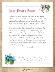 Have you ever wanted to move the Easter Bunny to Saturday so that Sunday can be more about Jesus Christ?? WE ARE!! Come by my blog and get this free printable letter to the Easter Bunny, or get a BLANK letter, so you can write your own!