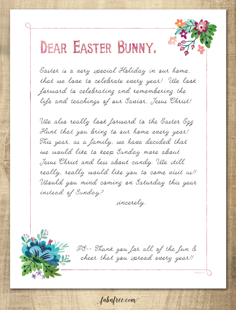 Have you ever wanted a more Christ Centered Easter? We just asked the Easter Bunny to NOT come on Sunday, but to instead come on Saturday so that Sunday can be more about Jesus Christ!! Come by my blog and get this free printable letter to the Easter Bunny, or get a BLANK letter, so you can write your own!