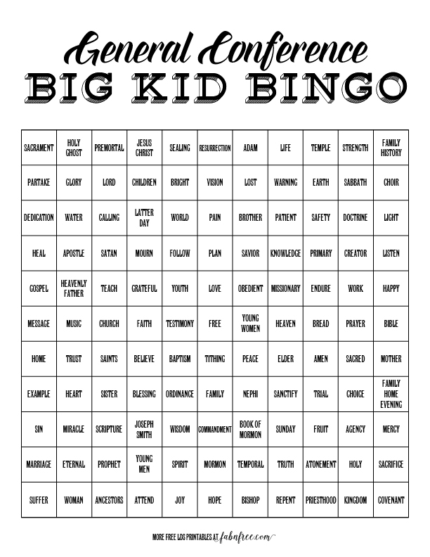 Big Kids General Conference Bingo Fab N' Free
